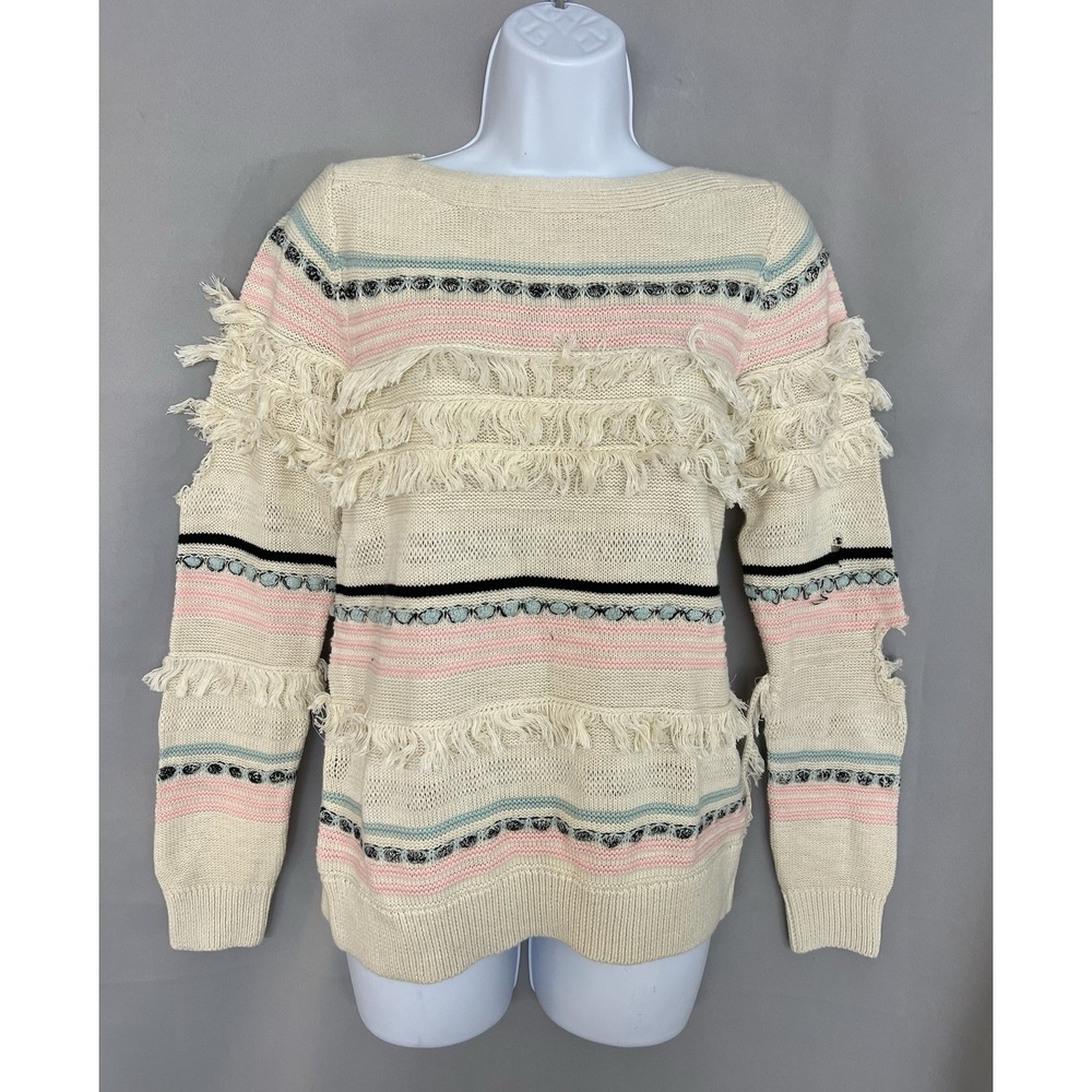 LOFT | Cream Boatneck Fringe Pastel Stripe Long Sleeve Knit Sweater S New